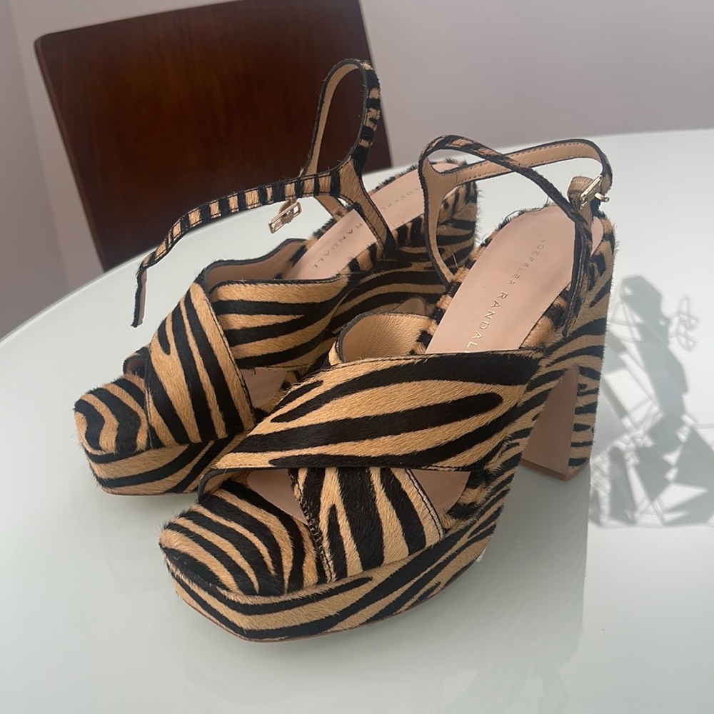Worn only twice! Loeffler Randall Platform Sandals, Zebra Print Haircalf